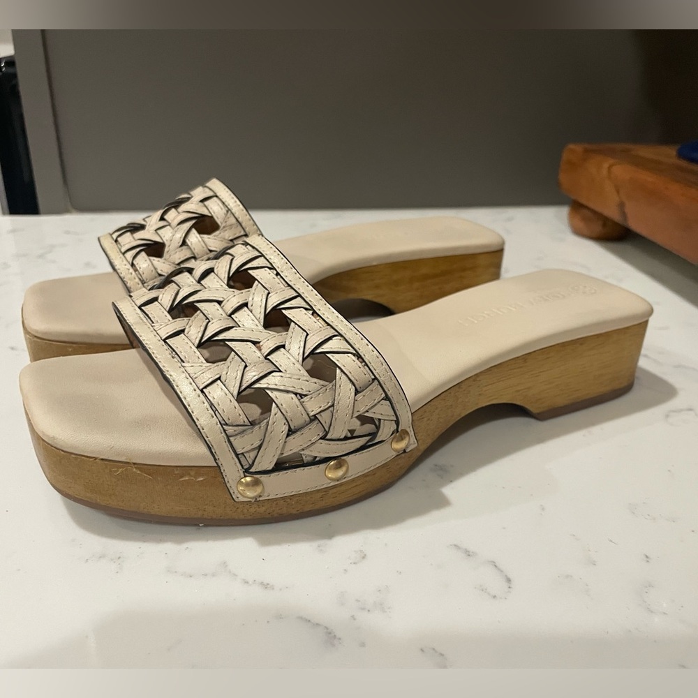 Tory Burch Basket-Weave Clog Calf Leather Wood Platform Slide Sandals Cream 7